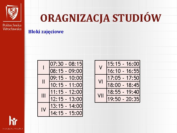 ORAGNIZACJA STUDIÓW Bloki zajęciowe 07: 30 I 08: 15 09: 15 II 10: 15 ORAGNIZACJA STUDIÓW Bloki zajęciowe 07: 30 I 08: 15 09: 15 II 10: 15