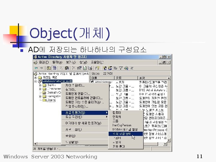 Object(개체) n AD에 저장되는 하나하나의 구성요소 Windows Server 2003 Networking 11 