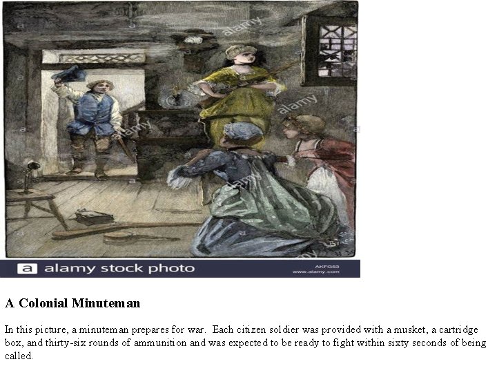 A Colonial Minuteman In this picture, a minuteman prepares for war. Each citizen soldier A Colonial Minuteman In this picture, a minuteman prepares for war. Each citizen soldier