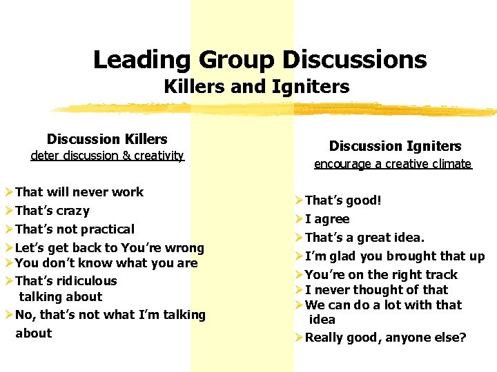 Leading Group Discussions Killers and Igniters Discussion Killers deter discussion & creativity ØThat will