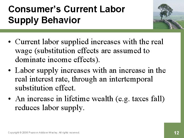 Consumer’s Current Labor Supply Behavior • Current labor supplied increases with the real wage