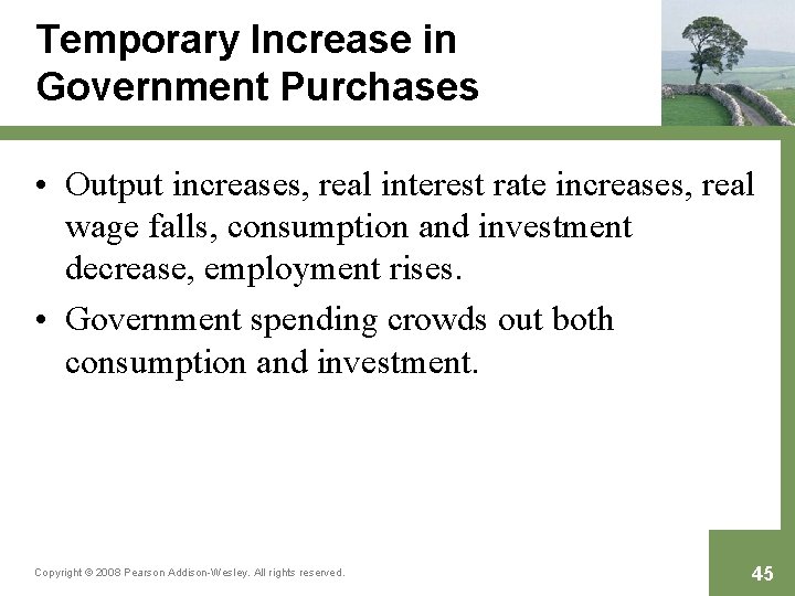 Temporary Increase in Government Purchases • Output increases, real interest rate increases, real wage