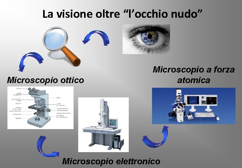 La visione oltre “l’occhio nudo” Microscopio ottico Microscopio a forza atomica Microscopio elettronico 