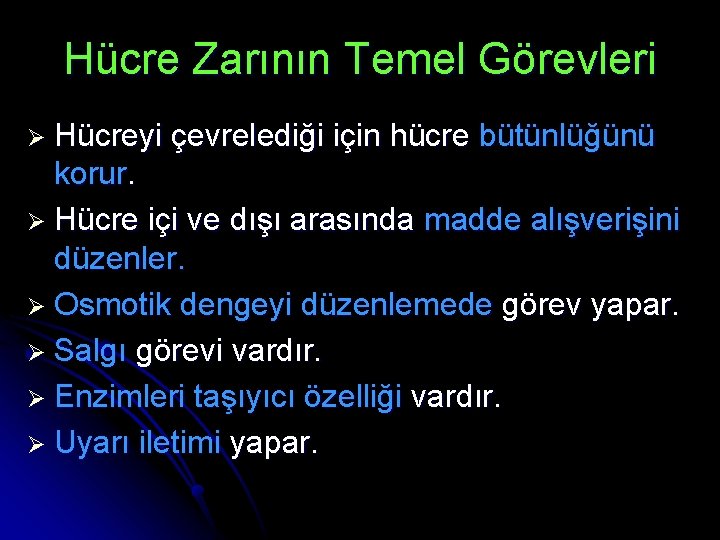 Hücre Zarının Temel Görevleri Ø Hücreyi çevrelediği için hücre bütünlüğünü korur. Ø Hücre içi