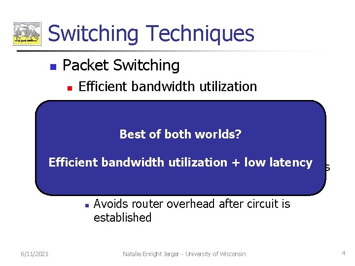 Switching Techniques n Packet Switching n n n Efficient bandwidth utilization Router latency overhead