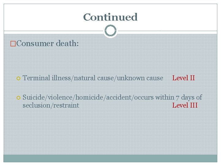 Continued �Consumer death: Terminal illness/natural cause/unknown cause Level II Suicide/violence/homicide/accident/occurs within 7 days of Continued �Consumer death: Terminal illness/natural cause/unknown cause Level II Suicide/violence/homicide/accident/occurs within 7 days of