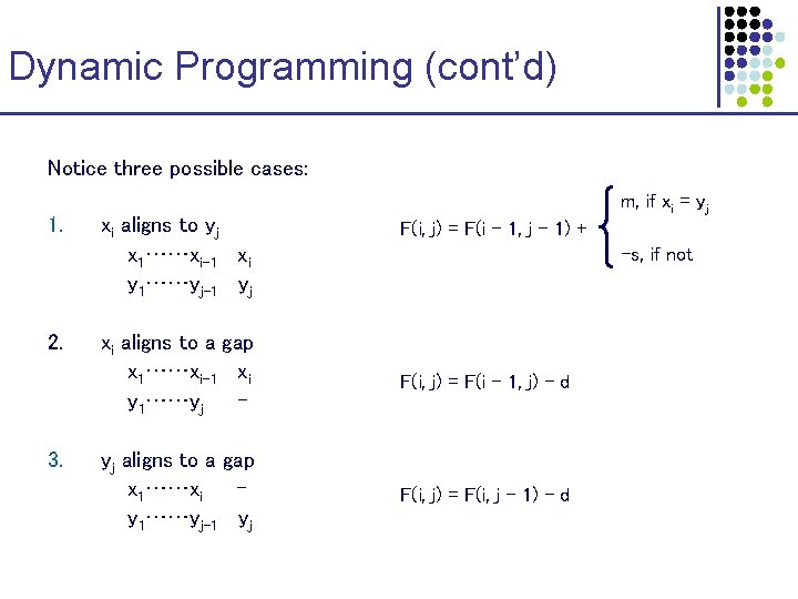 Dynamic Programming (cont’d) Notice three possible cases: 1. 2. 3. xi aligns to yj Dynamic Programming (cont’d) Notice three possible cases: 1. 2. 3. xi aligns to yj