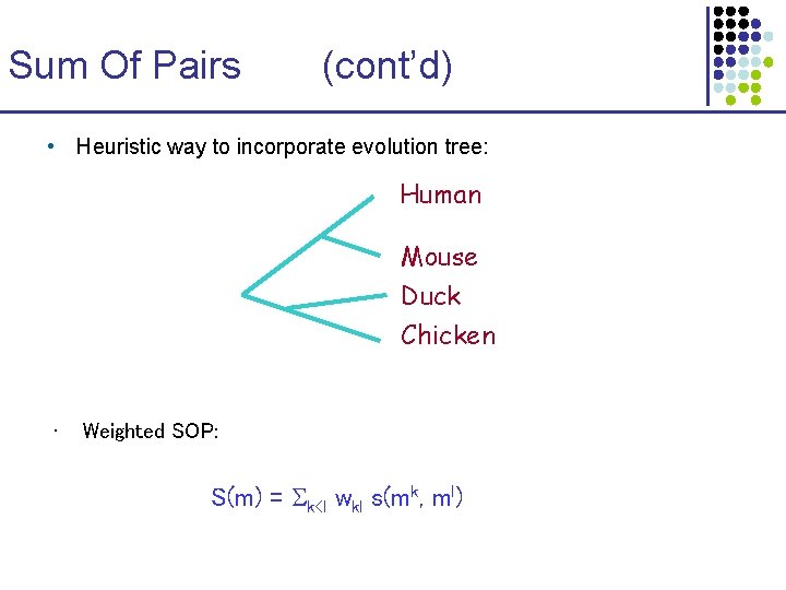 Sum Of Pairs (cont’d) • Heuristic way to incorporate evolution tree: Human Mouse Duck Sum Of Pairs (cont’d) • Heuristic way to incorporate evolution tree: Human Mouse Duck