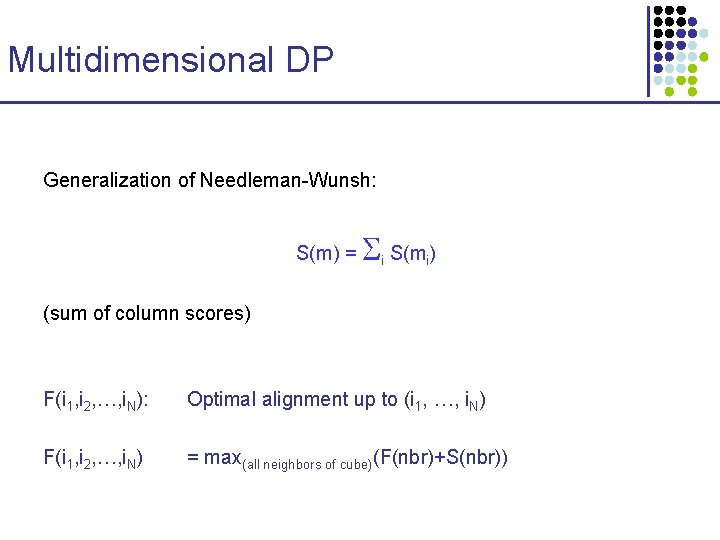 Multidimensional DP Generalization of Needleman-Wunsh: S(m) = i S(mi) (sum of column scores) F(i Multidimensional DP Generalization of Needleman-Wunsh: S(m) = i S(mi) (sum of column scores) F(i