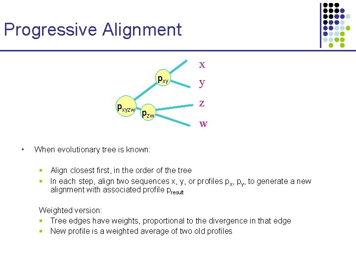 Progressive Alignment x pxyzw • pzw y z w When evolutionary tree is known: Progressive Alignment x pxyzw • pzw y z w When evolutionary tree is known:
