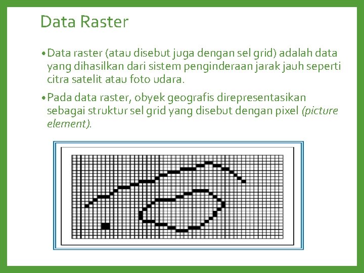 Data Raster • Data raster (atau disebut juga dengan sel grid) adalah data yang Data Raster • Data raster (atau disebut juga dengan sel grid) adalah data yang