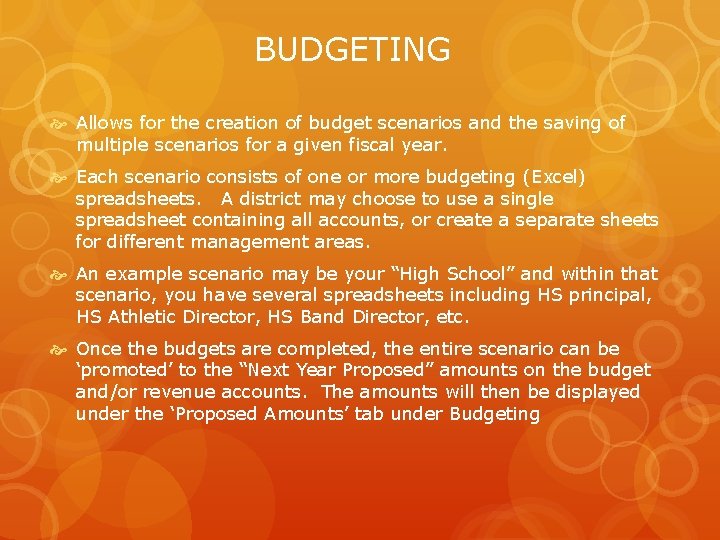 BUDGETING Allows for the creation of budget scenarios and the saving of multiple scenarios