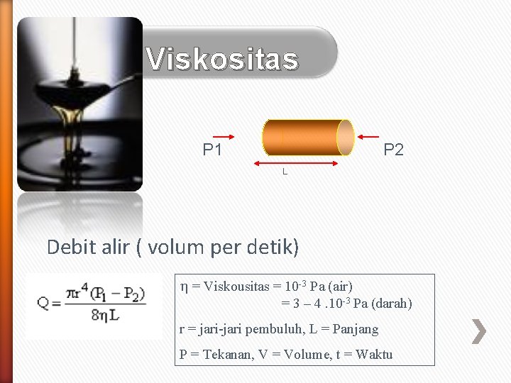 Viskositas P 1 P 2 L Debit alir ( volum per detik) = Viskousitas