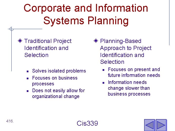 Corporate and Information Systems Planning Traditional Project Identification and Selection n 416. Planning-Based Approach