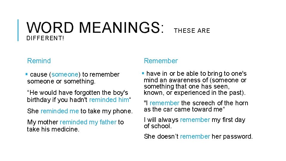 WORD MEANINGS: THESE ARE DIFFERENT! Remind § cause (someone) to remember someone or something. WORD MEANINGS: THESE ARE DIFFERENT! Remind § cause (someone) to remember someone or something.