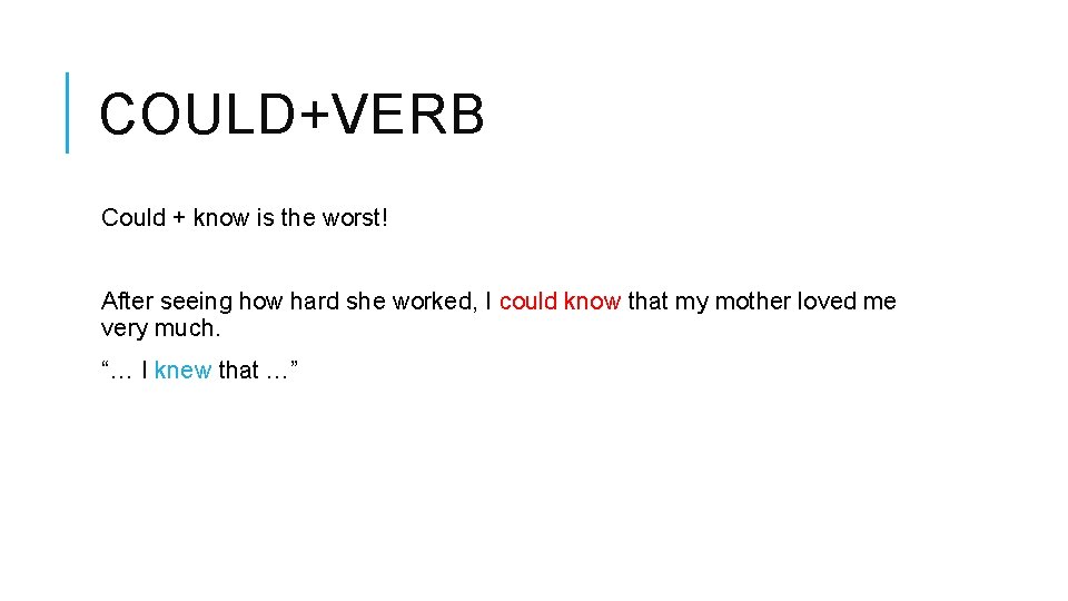 COULD+VERB Could + know is the worst! After seeing how hard she worked, I COULD+VERB Could + know is the worst! After seeing how hard she worked, I