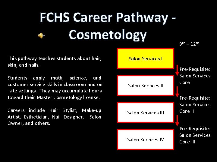FCHS Career Pathway Cosmetology This pathway teaches students about hair, skin, and nails. Students