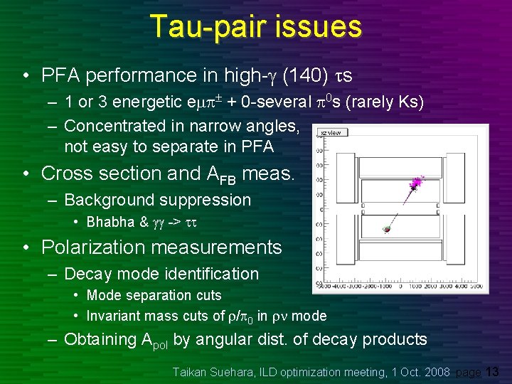 Tau-pair issues • PFA performance in high-g (140) ts – 1 or 3 energetic