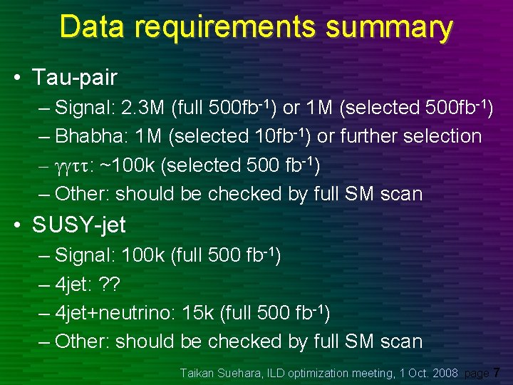 Data requirements summary • Tau-pair – Signal: 2. 3 M (full 500 fb-1) or