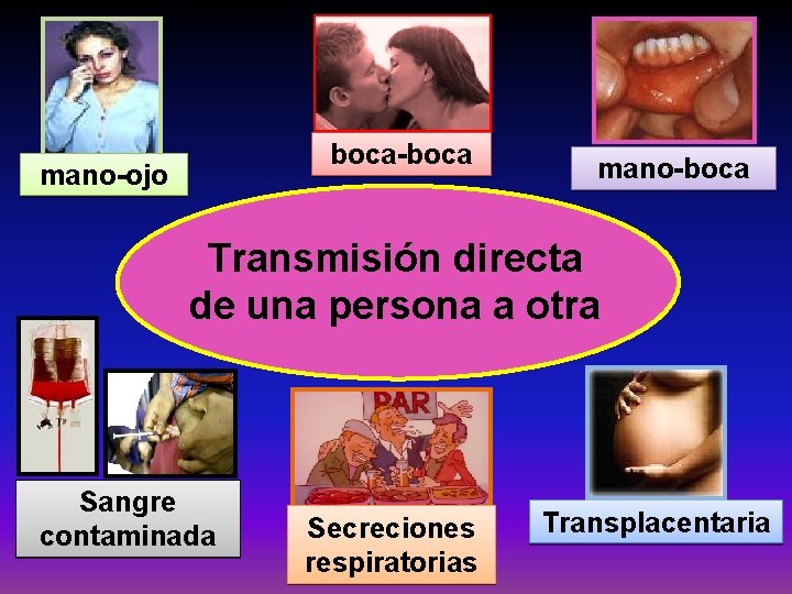 boca-boca mano-ojo mano-boca Transmisión directa de una persona a otra Sangre contaminada Secreciones respiratorias