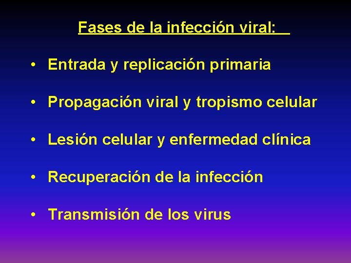 Fases de la infección viral: • Entrada y replicación primaria • Propagación viral y