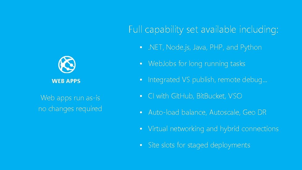 Full capability set available including: • . NET, Node. js, Java, PHP, and Python