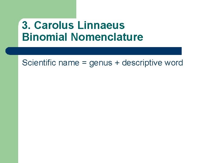 3. Carolus Linnaeus Binomial Nomenclature Scientific name = genus + descriptive word 