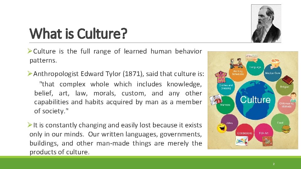 What is Culture? ØCulture is the full range of learned human behavior patterns. ØAnthropologist What is Culture? ØCulture is the full range of learned human behavior patterns. ØAnthropologist