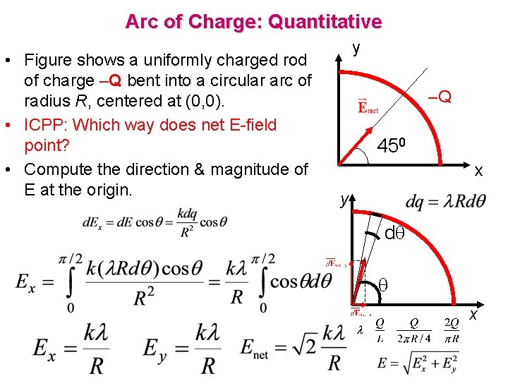 Arc of Charge: Quantitative • Figure shows a uniformly charged rod of charge –Q