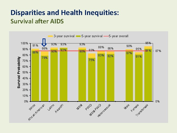 Disparities and Health Inequities: Survival after AIDS 3 -year survival 100% 91% 86% 88%