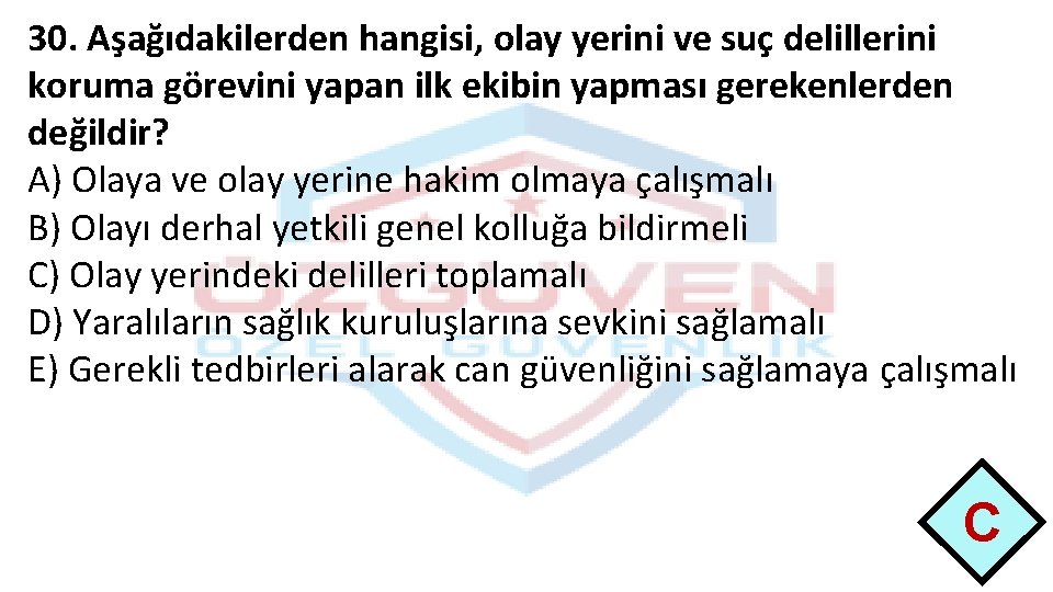 30. Aşağıdakilerden hangisi, olay yerini ve suç delillerini koruma görevini yapan ilk ekibin yapması