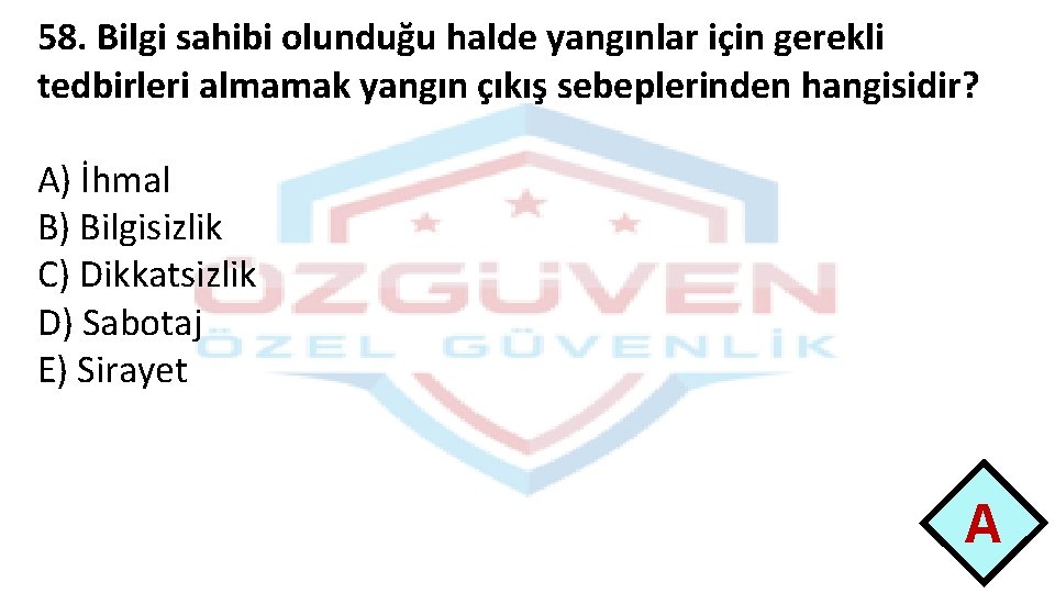 58. Bilgi sahibi olunduğu halde yangınlar için gerekli tedbirleri almamak yangın çıkış sebeplerinden hangisidir?