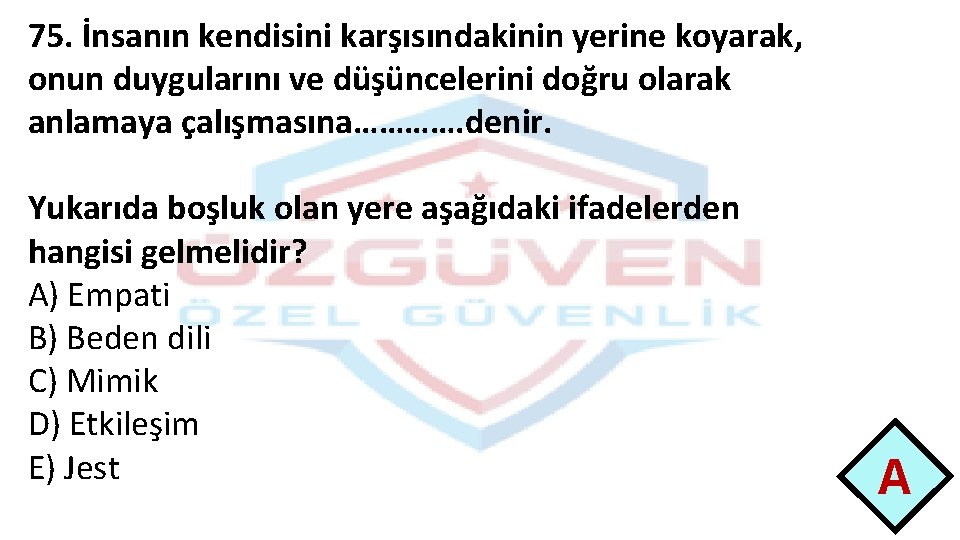 75. İnsanın kendisini karşısındakinin yerine koyarak, onun duygularını ve düşüncelerini doğru olarak anlamaya çalışmasına………….