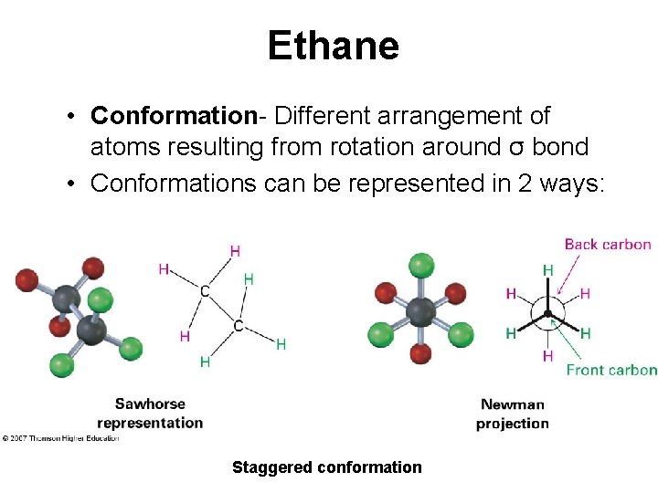 Ethane • Conformation- Different arrangement of atoms resulting from rotation around σ bond •