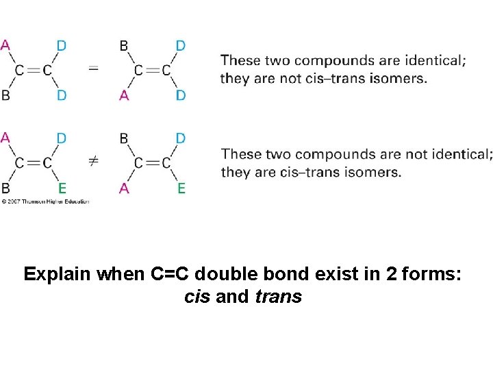 Explain when C=C double bond exist in 2 forms: cis and trans 