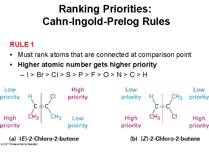 Ranking Priorities: Cahn-Ingold-Prelog Rules RULE 1 • Must rank atoms that are connected at