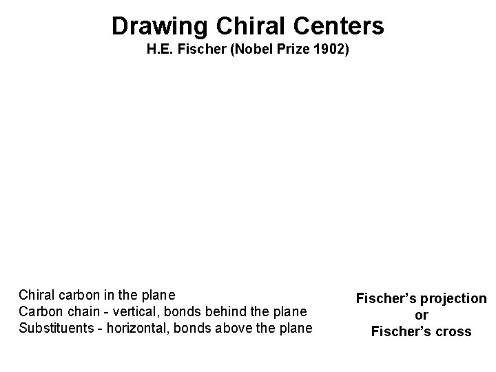Drawing Chiral Centers H. E. Fischer (Nobel Prize 1902) Chiral carbon in the plane