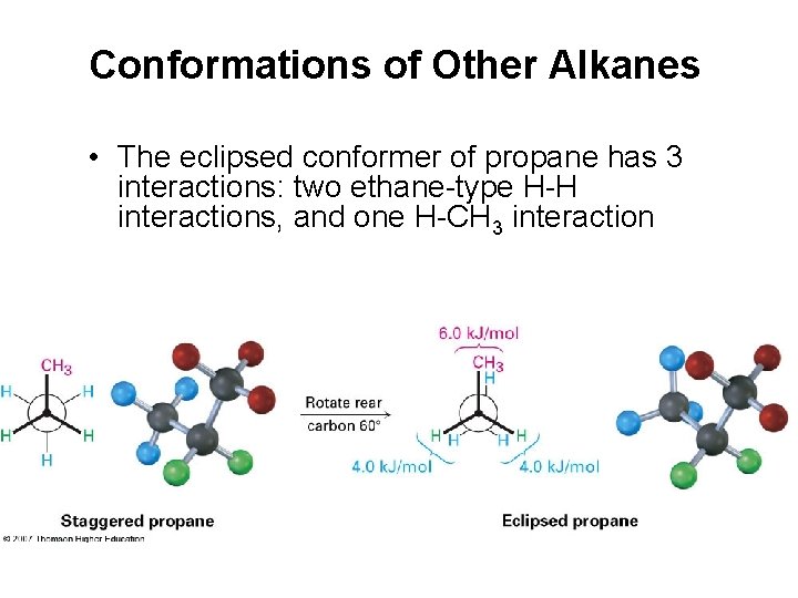 Conformations of Other Alkanes • The eclipsed conformer of propane has 3 interactions: two