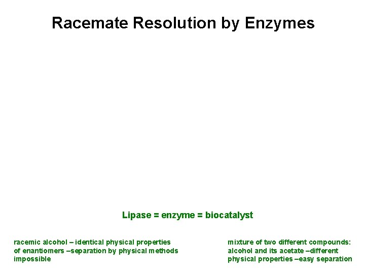Racemate Resolution by Enzymes Lipase = enzyme = biocatalyst racemic alcohol – identical physical