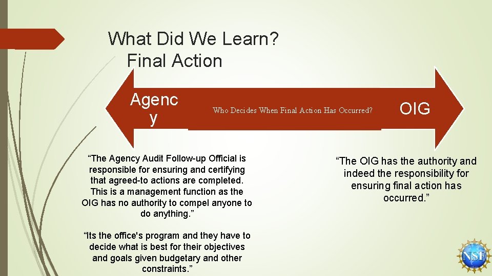What Did We Learn? Final Action Agenc y Who Decides When Final Action Has