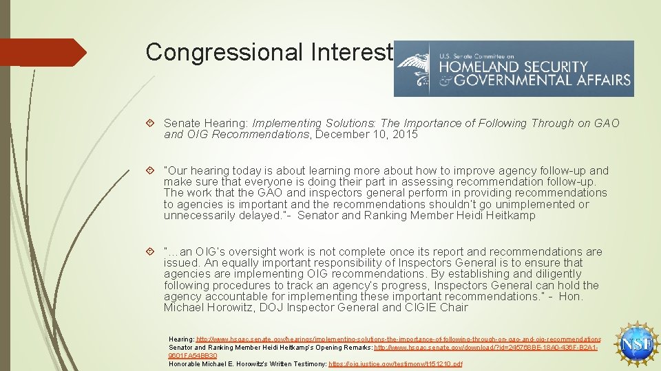 Congressional Interest Senate Hearing: Implementing Solutions: The Importance of Following Through on GAO and