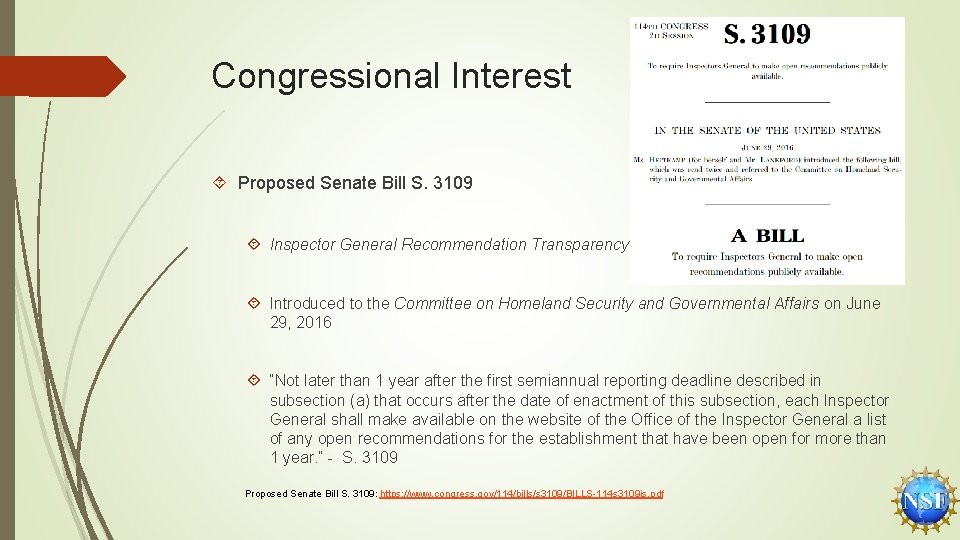Congressional Interest Proposed Senate Bill S. 3109 Inspector General Recommendation Transparency Act of 2016