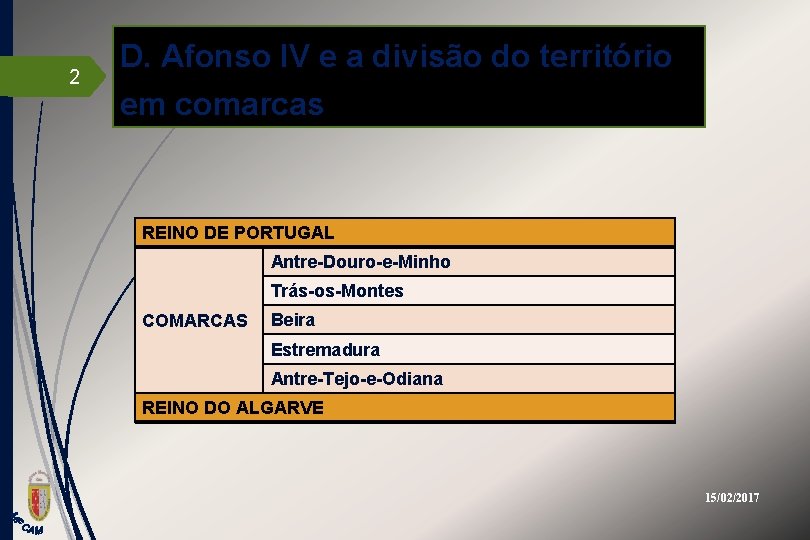 2 D. Afonso IV e a divisão do território em comarcas REINO DE PORTUGAL