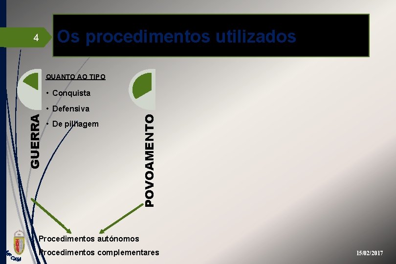 4 Os procedimentos utilizados QUANTO AO TIPO • Conquista • De pilhagem POVOAMENTO GUERRA