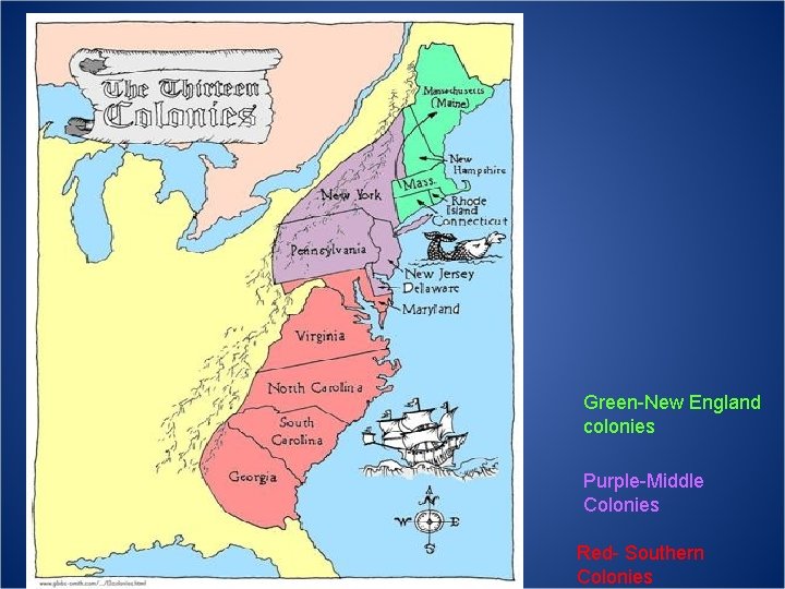 Green-New England colonies Purple-Middle Colonies Red- Southern Colonies 