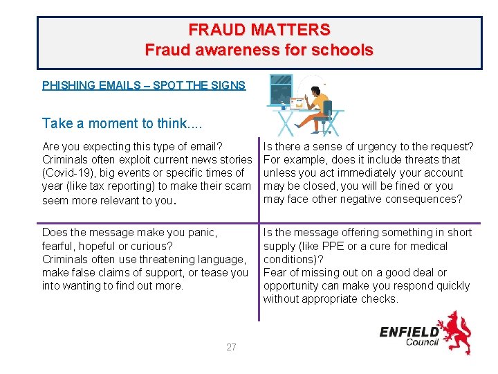 FRAUD MATTERS Fraud awareness for schools PHISHING EMAILS – SPOT THE SIGNS Take a