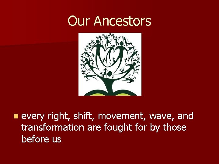 Our Ancestors n every right, shift, movement, wave, and transformation are fought for by
