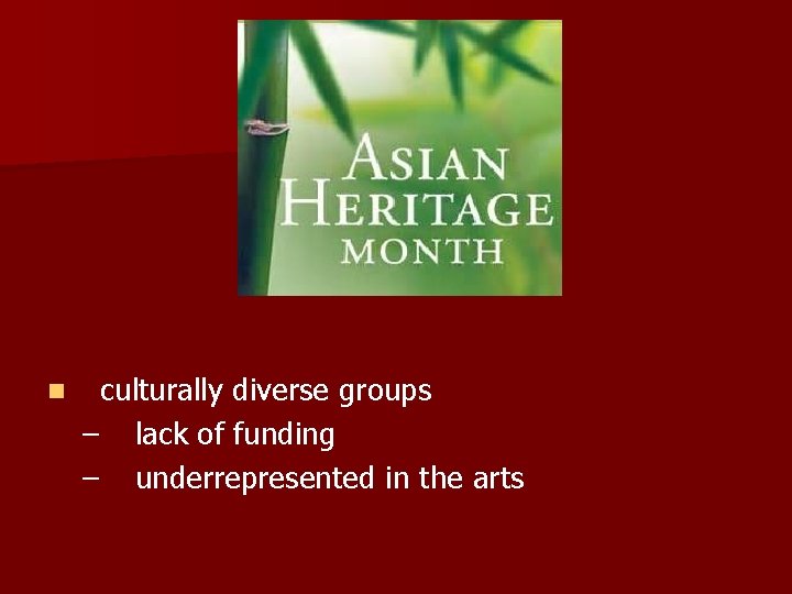 n culturally diverse groups – lack of funding – underrepresented in the arts 
