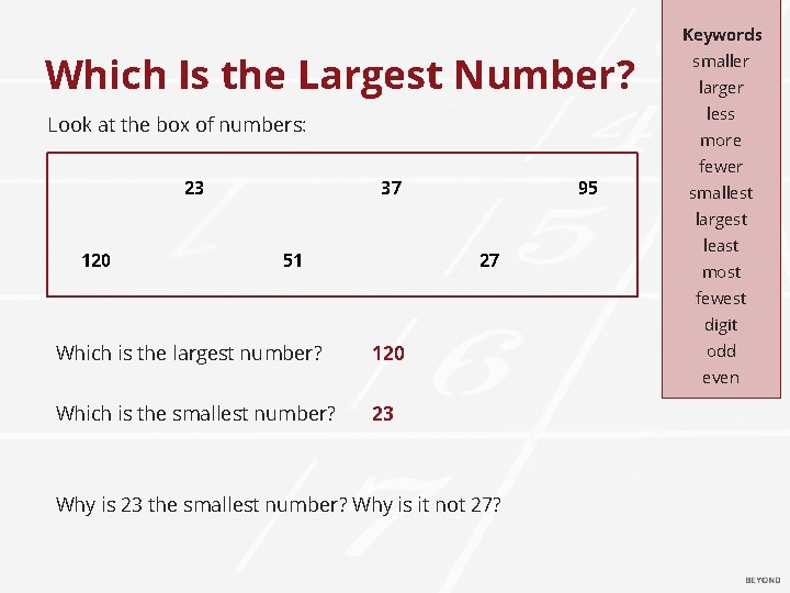 Keywords Which Is the Largest Number? larger less Look at the box of numbers: