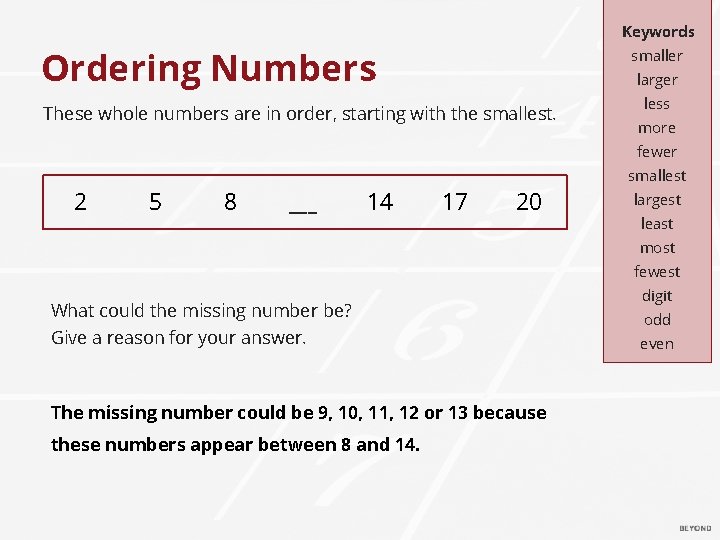 Keywords Ordering Numbers smaller larger These whole numbers are in order, starting with the